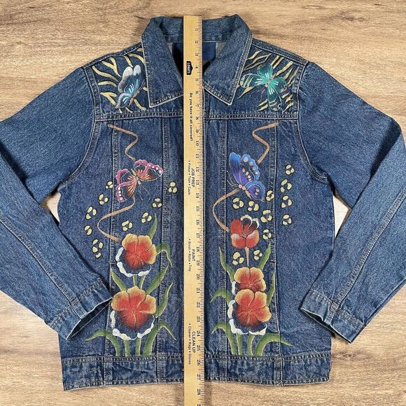 ANUSCHKA‎ HAND PAINTED WOMEN'S LARGE BLUE JEAN FLORAL ART DENIM JACKET - Picture 5 of 9